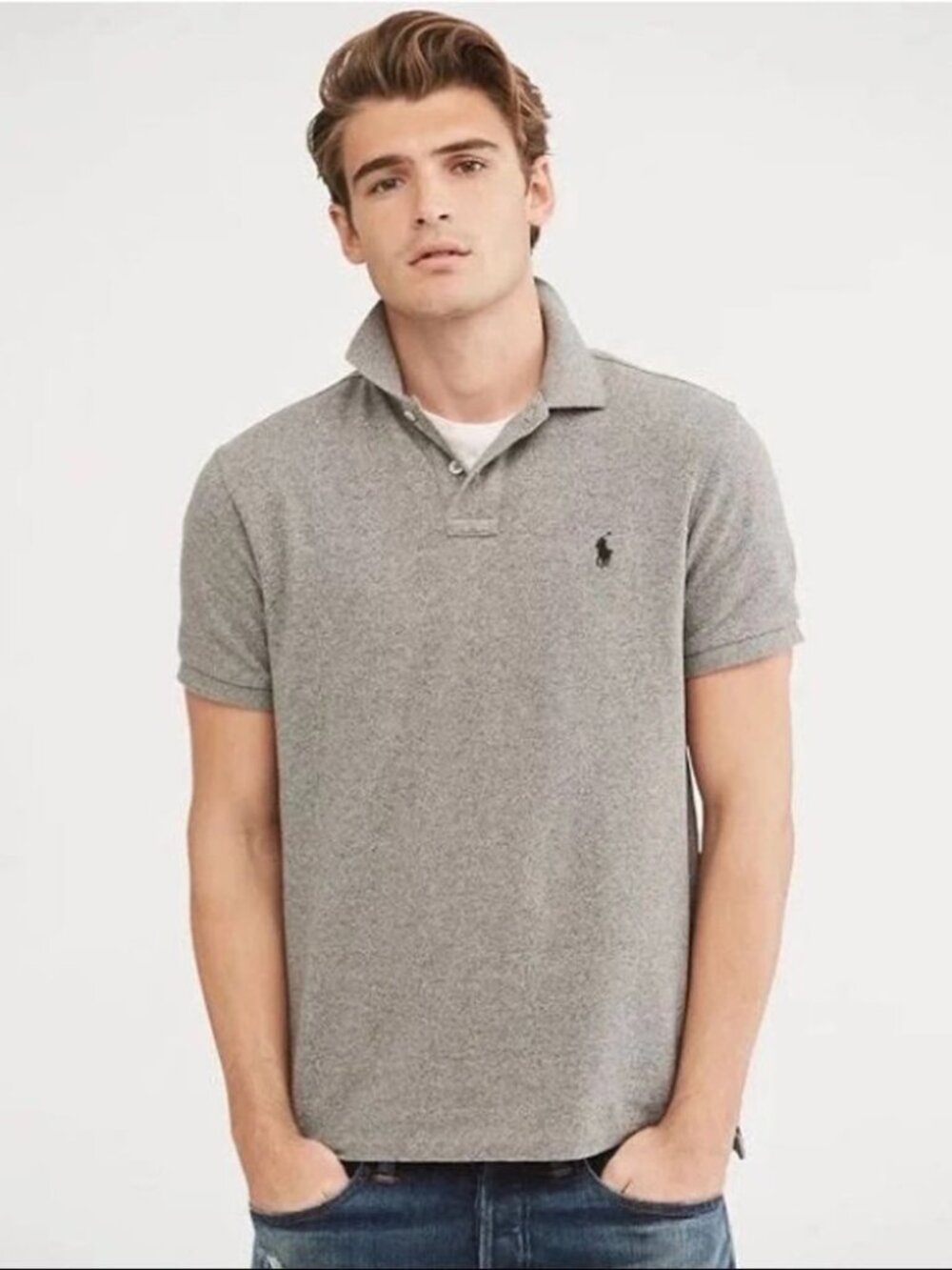 Polo Ralph Lauren Gray Polo Shirt Blue Pony Logo Custom Slim Fit Size Large